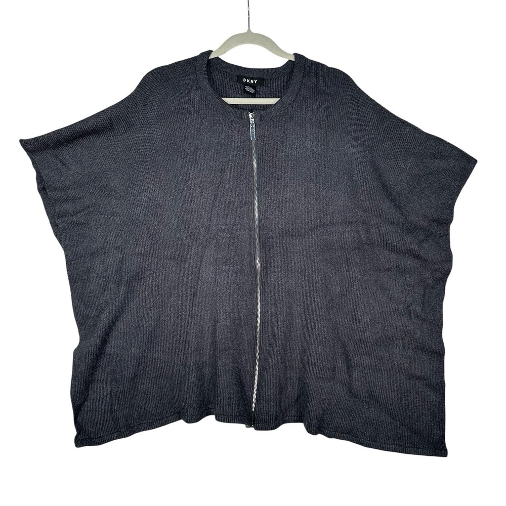 DKNY Gray Ribbed Knit Zip Up Poncho Wrap Cape Oversized Cardigan‎ Sweater OSFM